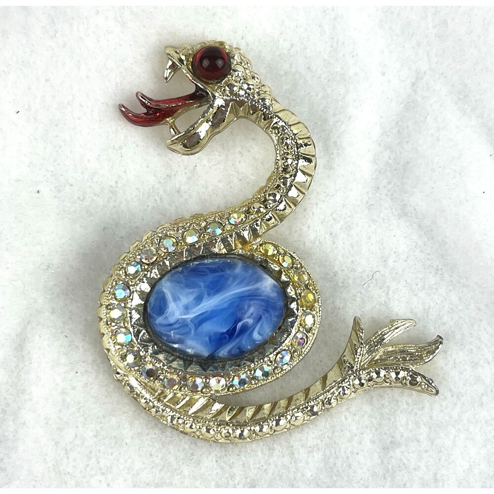 Vintage Coiled Snake Brooch Pin Blue White swirl Oval Glass Cabochon Gold Tone